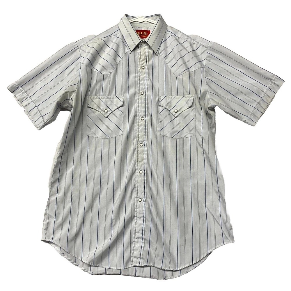 Vintage Ely Plains Western Shirt Mens Medium White Vertical Stripe Pearl Snap Up